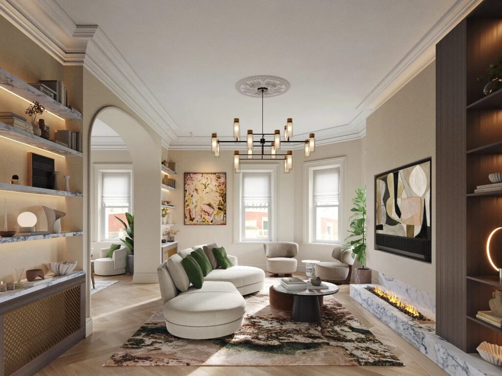 Luxury London living room featuring bespoke dark wood shelving, textured walls, and a large abstract rug