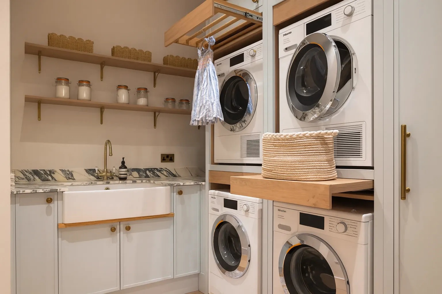 Luxury laundry room with hidden pull-out drying rack, Arabescato marble, and Miele appliances by Project London